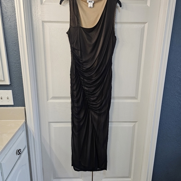 NWT DKNY Asymmetric Neck Sleaveless Shimmer Sheath Dress Size 10 Brown & Tan - Picture 4 of 12